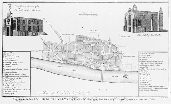 Sir John Evelyn's plan for rebuilding London after the fire.