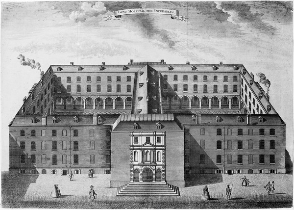 Guy's Hospital, Southwark: an aerial view, with smaller scenes around three sides. Facsimile, n.d., after T. Bowles, c.1724.