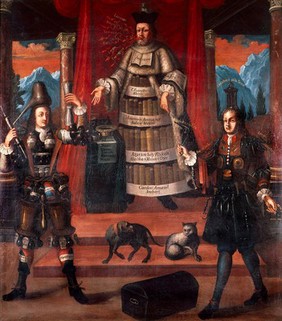 Personifications of medicine, pharmacy and surgery. Oil painting after (?) Nicolas de Larmessin II.