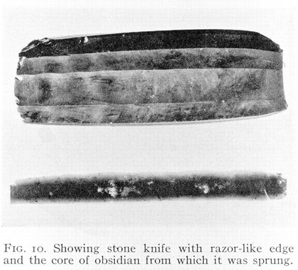 Stone knife with razor-like edge and the core made of obsidian from which it was sprung