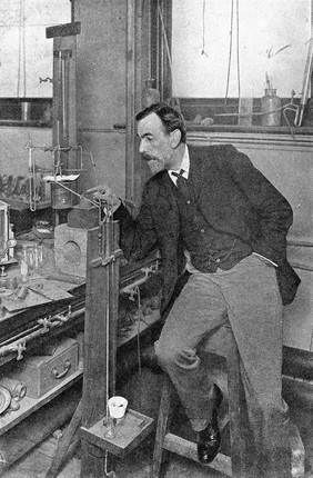 Sir William Ramsey experimenting in his lab, with radium.