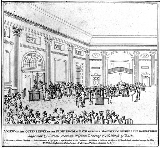 The Queen's levée and society figures drinking the waters in the pump room with a key to important society figures, Bath. Line engraving by J. Alais, 1817, after Mr. Marsh.