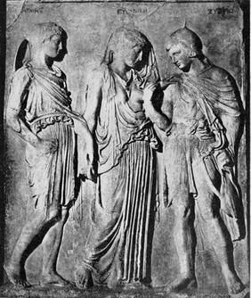 Relief of Orpheus and Eurydice. Relief found in Italy.