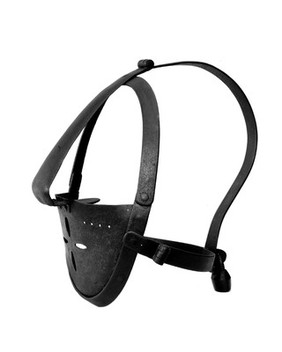 Scold's bridle of iron. From the original in the Tower of London. Three quarter view showing padlock on back.