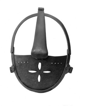 Scold's bridle of iron. From the original in the Tower of London. Full front view.