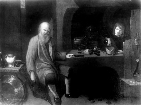 An alchemist in his laboratory. Oil painting by or after David Ryckaert III.