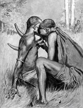 M0005297: Drawing of a man cupping the chest and back of another man