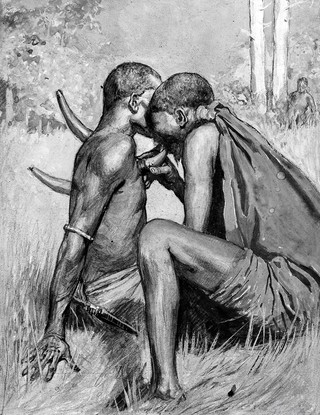 M0005297: Drawing of a man cupping the chest and back of another man
