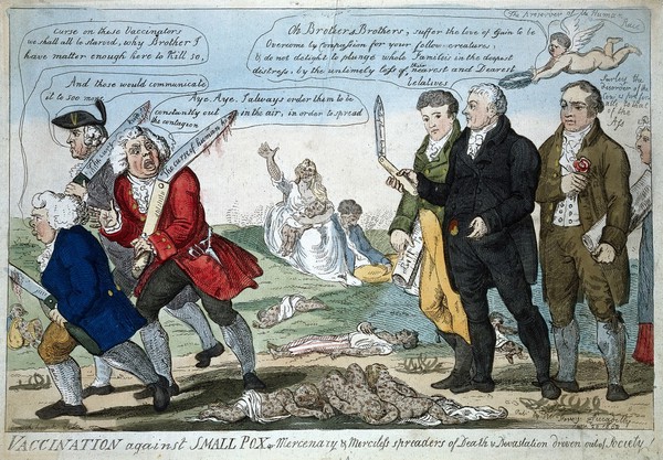 Jenner and his two colleagues seeing off three anti-vaccination opponents, the dead are littered at their feet. Coloured etching by I. Cruikshank, 1808.