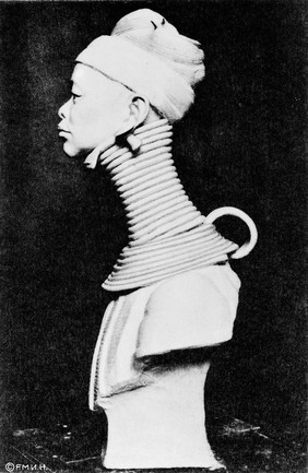 Myanmar (Burma): a Padaung woman wearing neck-rings to lengthen the neck. Process print after a bronze sculpture by Malvina Hoffman, ca. 1933.