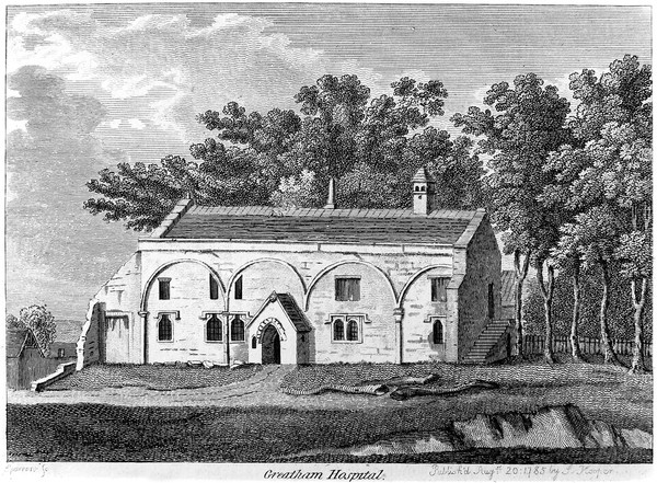 Greatham Hospital, Greatham, Durham. Line engraving by Sparrow, 1785.