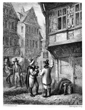A death cart in a street in London during the great plague. Engraving by S. Davenport, 1835, after G. Cruikshank.