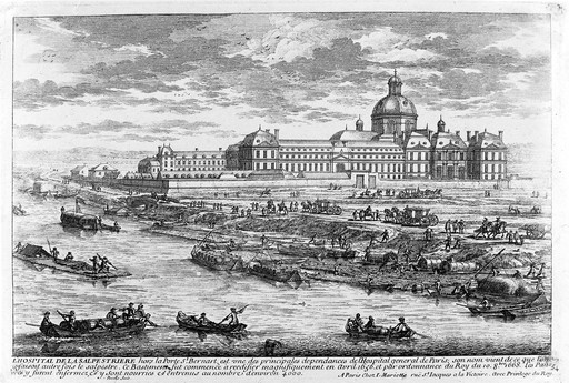 Hôpital de la Salpêtrière, Paris: as seen from the river. Line engraving by Perelle.