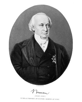 Christian Karl Josias, Freiherr von Bunsen. Stipple engraving by H. Adlard, 1868, after C. Rosting, 1860.