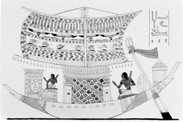 Colour illustration of Egyptian Funeral barge, Thebes