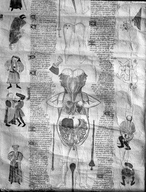 view M0006432: Diagram of the thoracic system and contents of skull, from John of Arderne: <i>De arte phisicali de cirurgia</i> (1412)