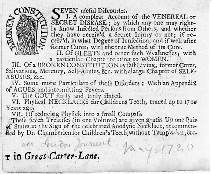 M0006444: Advertisement for venereal disease cure, May 1720