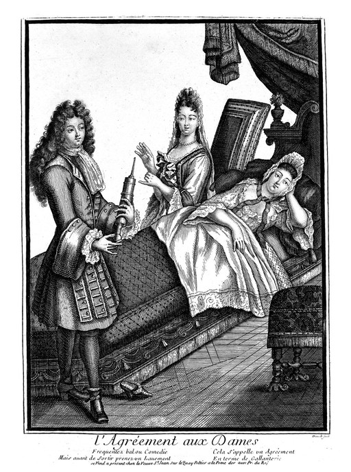 A fashionable lady being given an enema by a charming young man. Line engraving by Dicuelt, 18--.