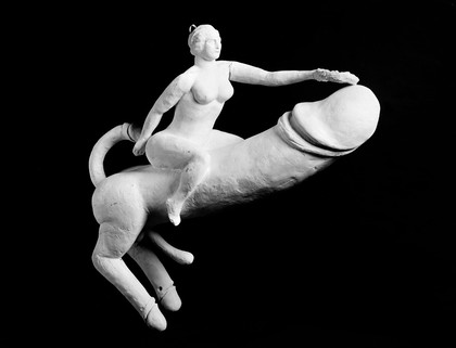 M0006581: Plaster penis figure ridden by a naked female figure