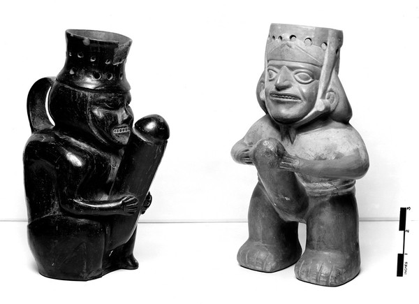 2 Peruvian pots, Phallic design.