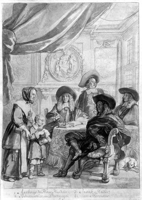 M0006901: The governors of the Leper Hospital at Amsterdam meeting with a mother and child