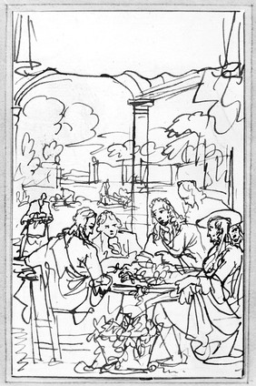 M0006906: Four men seated at a table with waiters in the background