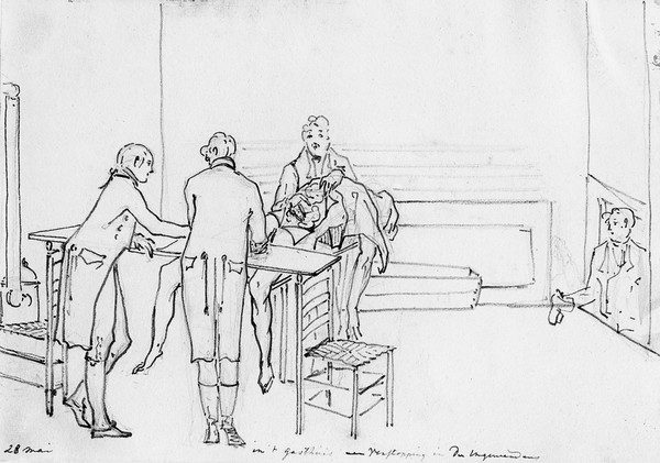 M0006930: Three men around table examining a dissected man's swollen intestines