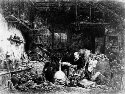 An alchemist reading in a shadowy laboratory. Lithograph by C.F. Nantueil-Leboeuf after L-G-E. Isabey.