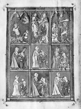 M0006985: Manuscript page from <i>Roger Frugardi, Chirurgia, and other medical miscellany</i> depicting scenes of surgery