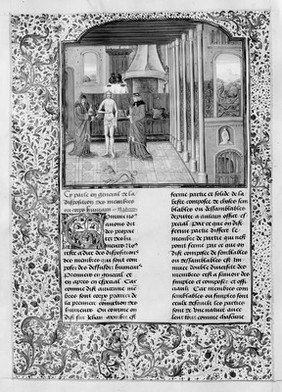 M0007005: Manuscript page from <i>Livre des proprietez des choses</i> depicting two physicians examining a patient