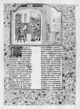 M0007006: Manuscript page from <i>Livre des proprietez des choses</i> depicting a surgeon with a queue of patients