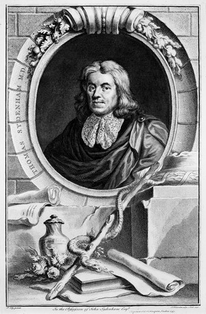view Thomas Sydenham. Line engraving by J. Houbraken, 1746, after Mary Beale, 1672.