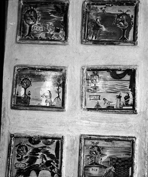 view Votive tablets in the Church of Santa Marie de Bagni. Deruta. Close up detail of six tablets.