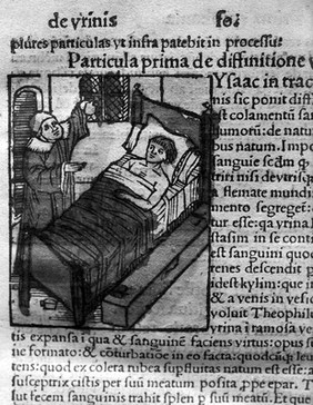 M0007304: Illustration of patient in bed with physician examining urine flask