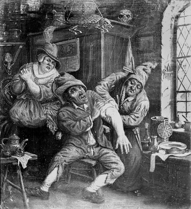 A surgeon applying a probe to the arm of a screaming patient. Oil painting after Cornelis Dusart.