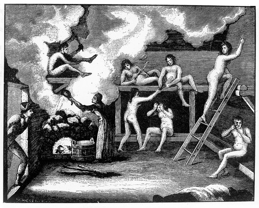 Female patients taking a vapour bath. Coloured wood engraving by O. Sörling.