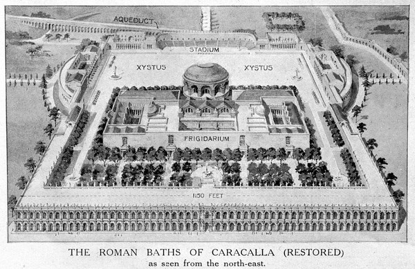 Baths of Cracalla, Rome, seen from N-E, restored. Reproduction from Sir Banister Fletchers book 'History of Arcchitecture on the comparative methods', 7th edition, 1924.