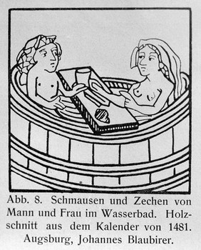 man and woman feasting and tippling in a bath.