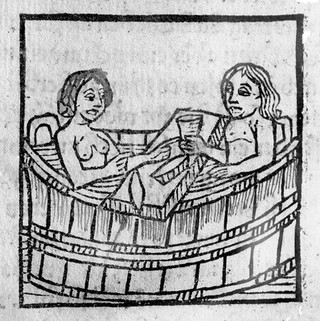 Man and woman feasting and tippling in a bath.