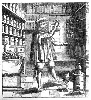 view Laboratory and library of an apothecary - physician, showing books on shelves, drug jars, distilling, etc. and the proprietor examining a flask; below, verses in German.