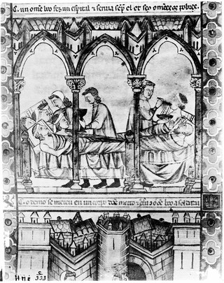 M0007572: Manuscript illustration of patients being nursed in hospital, 13th Century