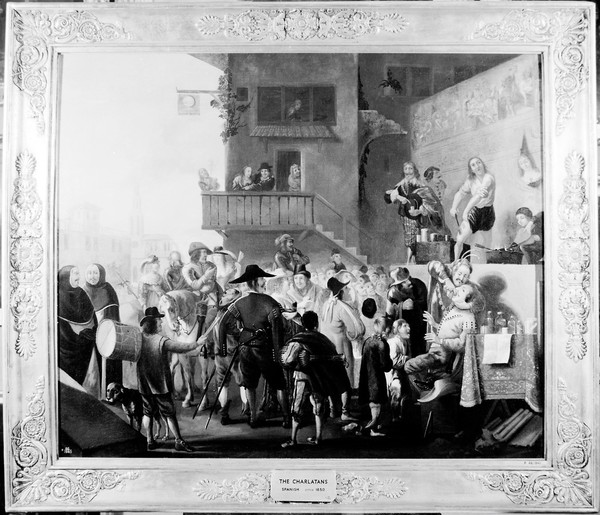 M0007641: A crowd watching charlatan doctors on a stage outside an inn