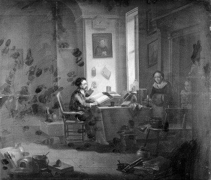 A physician examining a urine-flask. Oil painting by Justus Juncker.