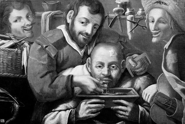 A barber-surgeon attending to a man's forehead. Oil painting.