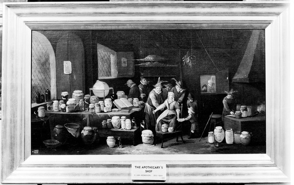 Operators letting blood from the arm of a woman in a room crowded with pharmacy jars. Oil painting by Egbert van Heemskerck.