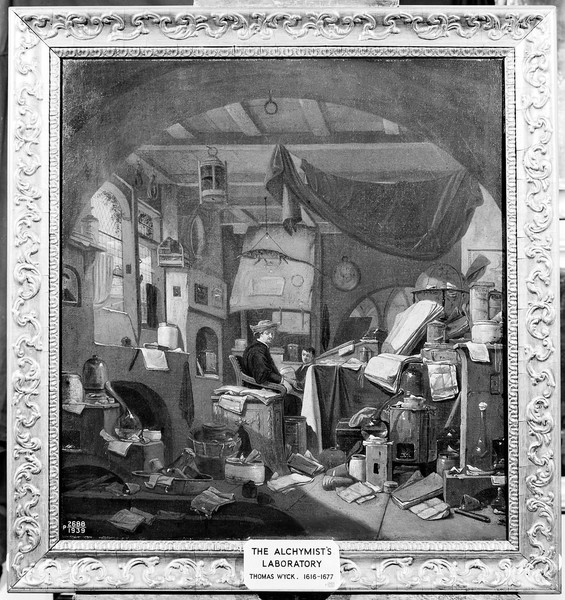 M0007670: Interior with an alchemist seated at a table