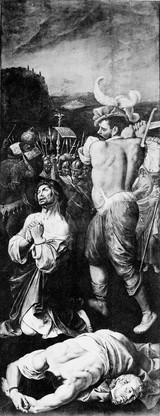 M0007693: Tryptych panel depicting the martydom of Saints Cosmas and Damian