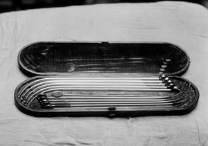 view Case of surgical instruments: bougies, used by Lister.