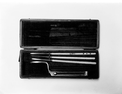 Cataract set: needles and forceps in a case, used by Lister.