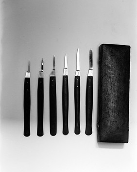 Six scalpels and a case, used by Lister.